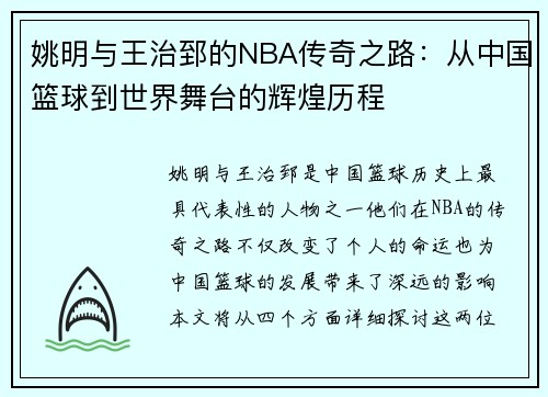 姚明与王治郅的NBA传奇之路：从中国篮球到世界舞台的辉煌历程